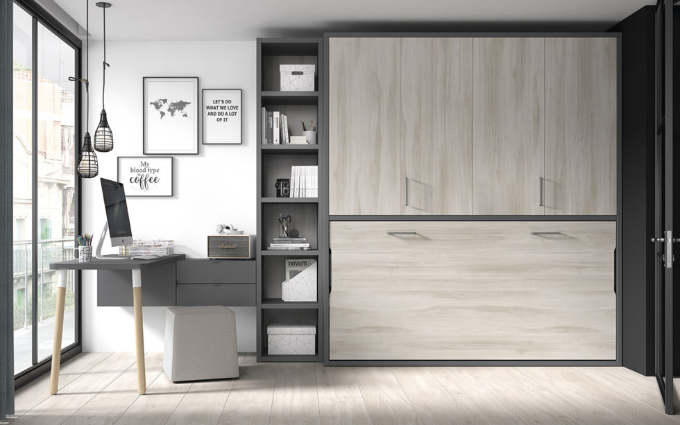 Dormitorio Juvenil Romo 41 cama abatible horizontal, estanterías y