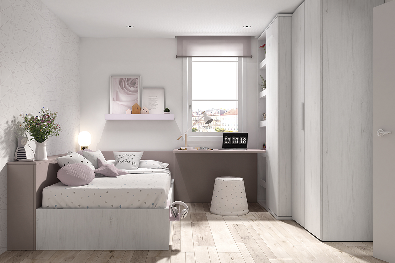 Dormitorio Juvenil Romo 30 cama nido con canapé, armario y escritorio
