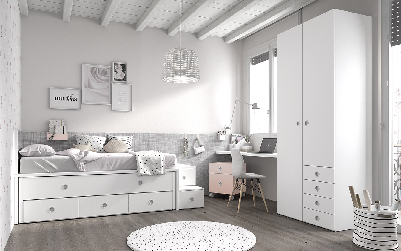 Dormitorio Juvenil Romo 16 compacta con armario y escritorio color