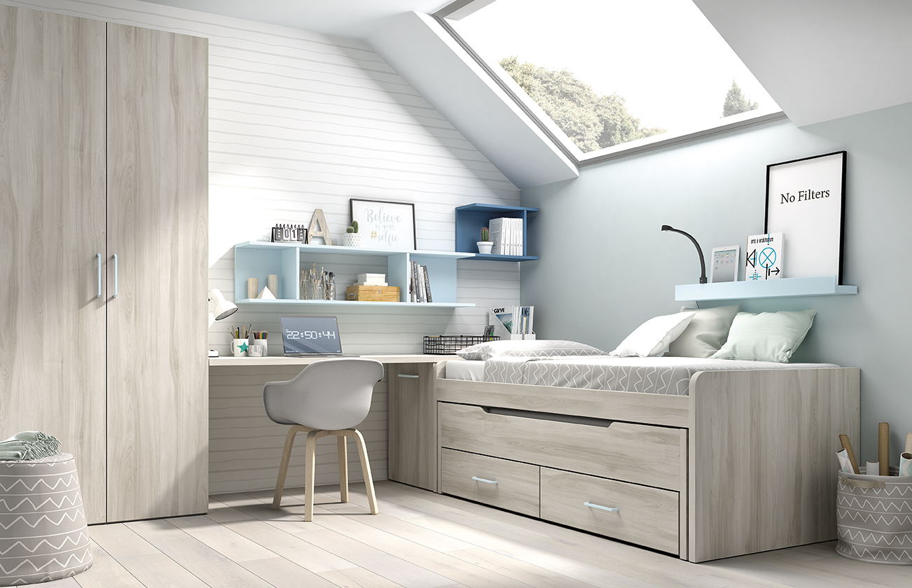 Dormitorio Juvenil Romo 17 compacta con cama deslizante color arizona