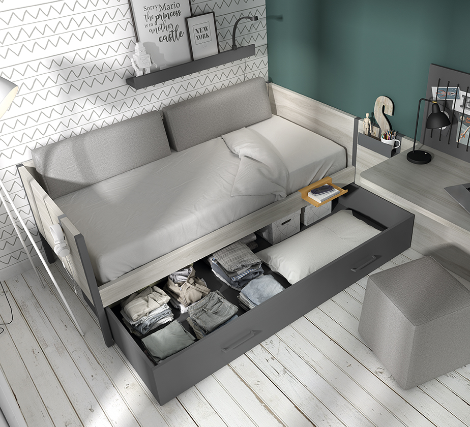 Dormitorio juvenil Romo 28 cama nido cajón deslizante y armario color