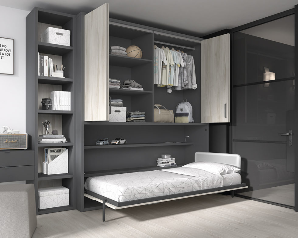 Dormitorio Juvenil Romo 41 cama abatible horizontal, estanterías y