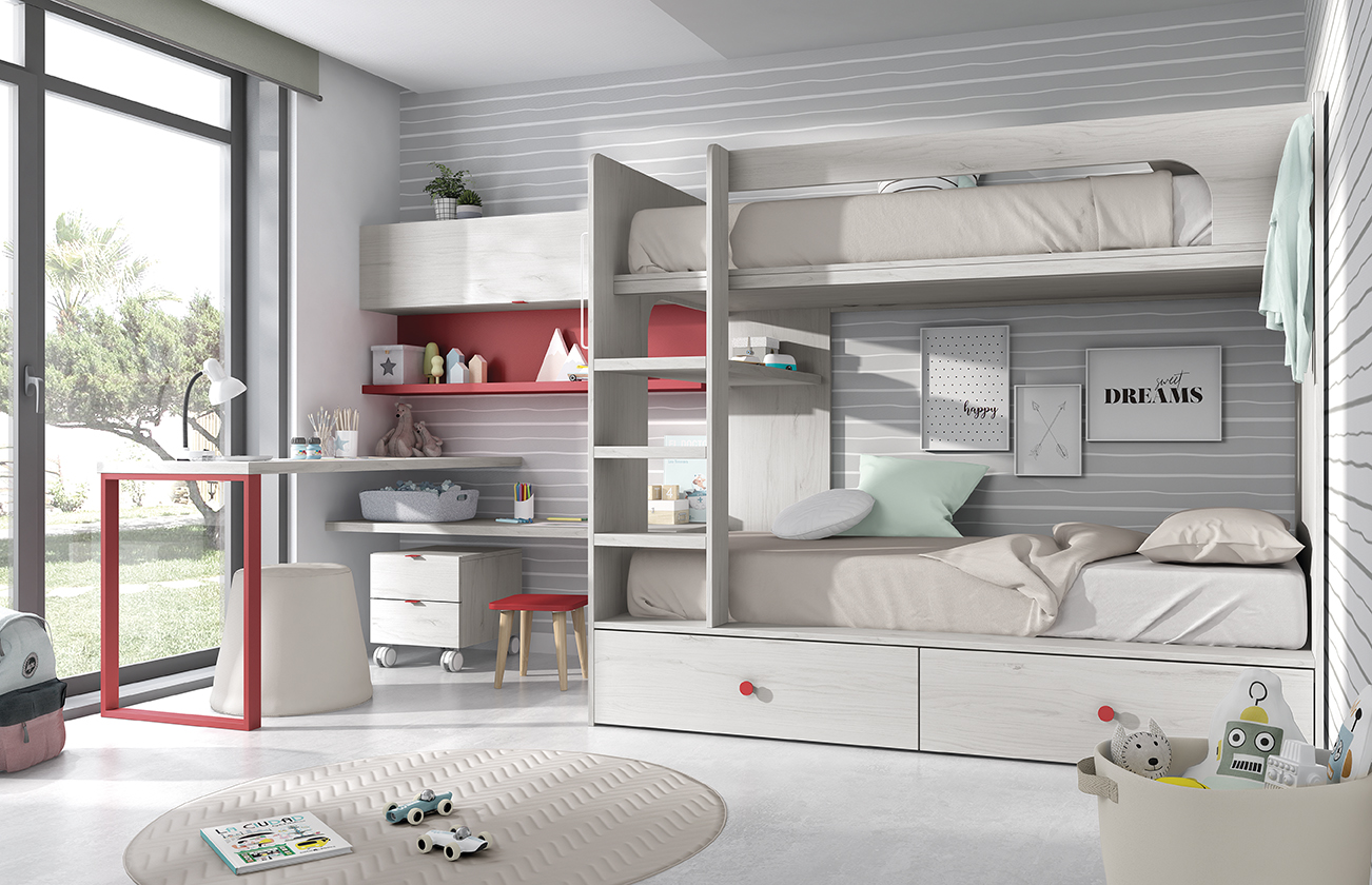 Dormitorio Juvenil Romo 35 litera con estante y escritorio color nevada