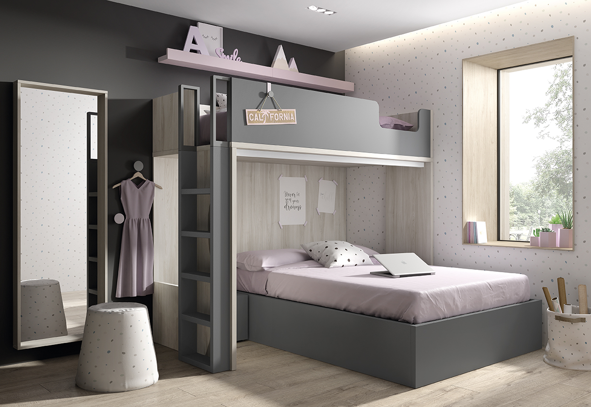 Dormitorio Juvenil Romo 38 litera con espejo y canapé color arizona