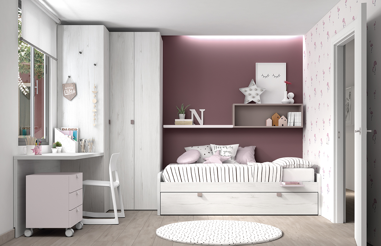 Dormitorio juvenil Romo 20 cama nido con armario y escritorio color