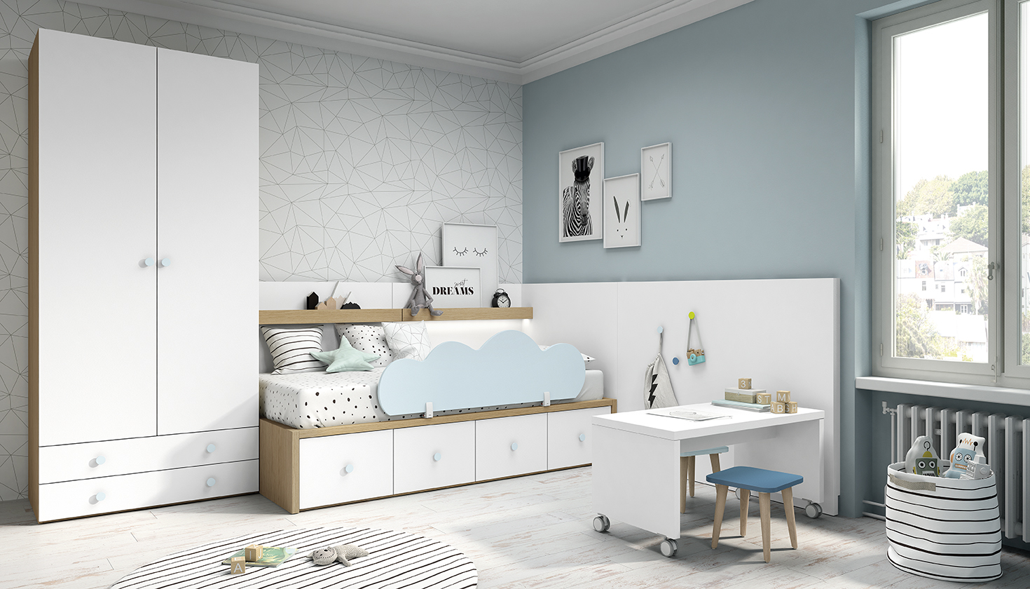 Dormitorio juvenil Romo 22 cama nido 4 cajones, armario y mesa color