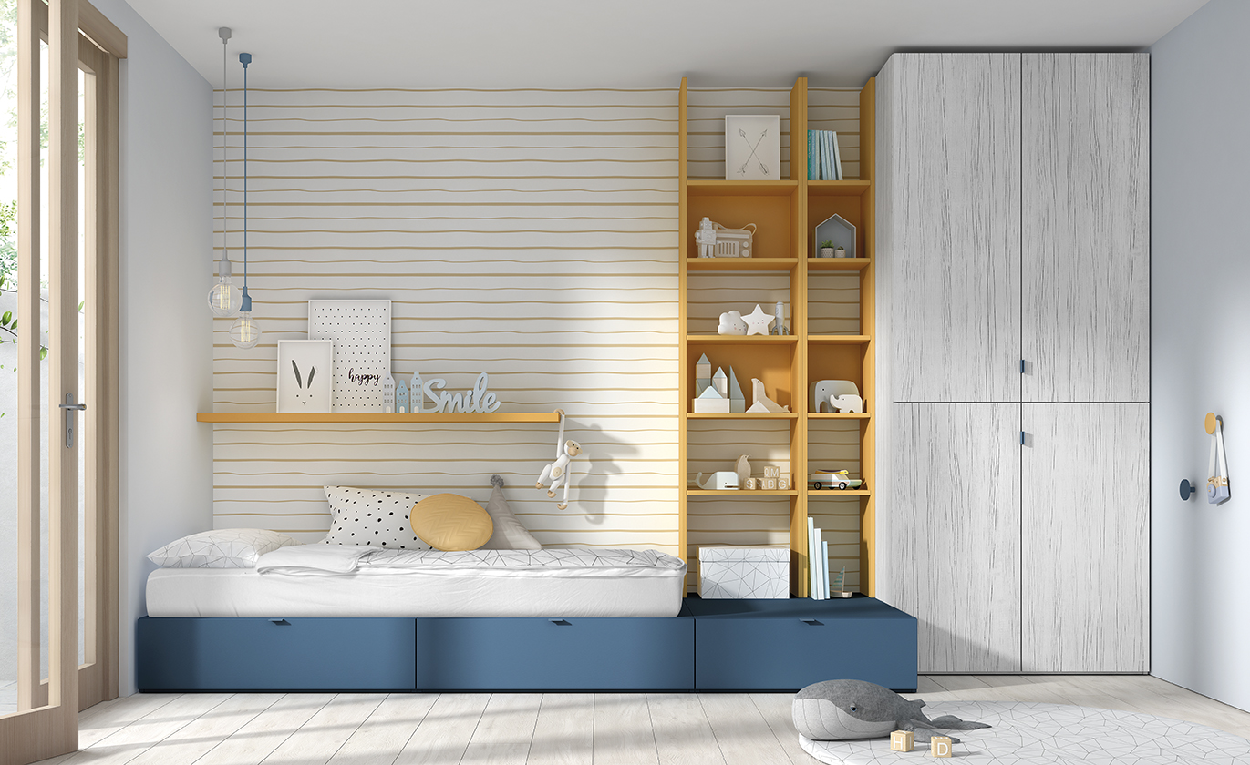 Dormitorio juvenil Romo 27 cama nido 3 cajones, estante y armario color