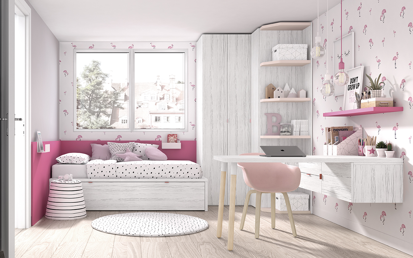 Dormitorio juvenil Romo 18 cama nido con armario y escritorio michigan